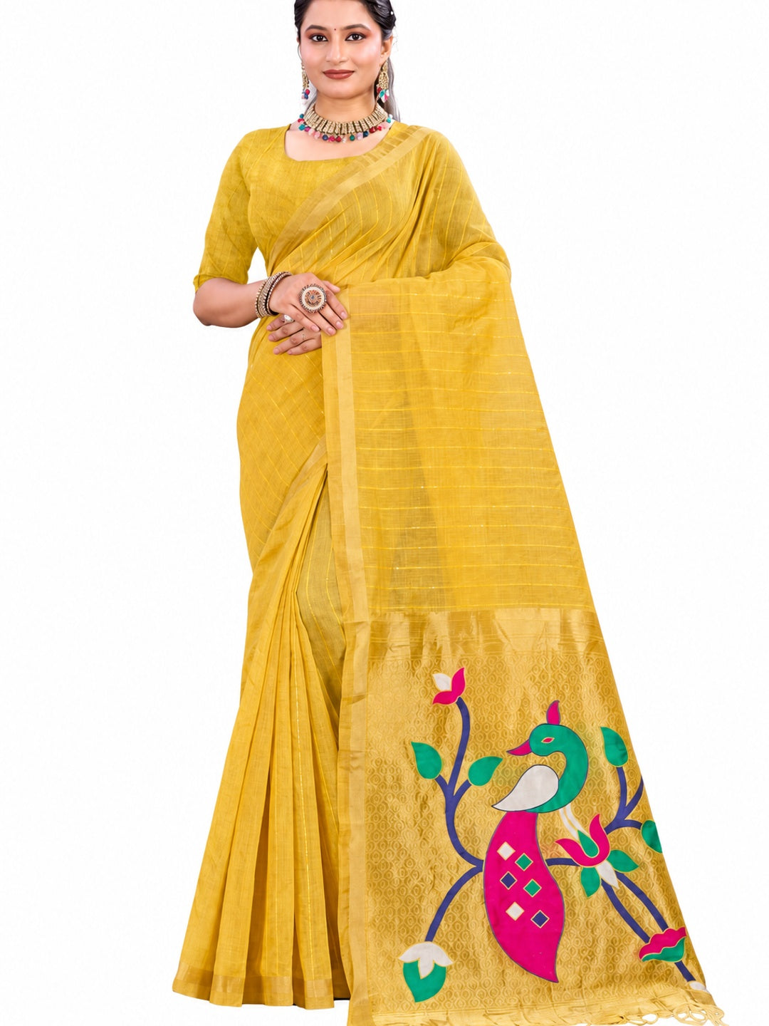 Peachmode Yellow Cotton Blend Varnika Cotton new_3 Saree - Image 5