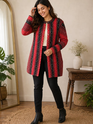 Cozy Red Woven Wool Cardigan Designed for Comfortable Winter Layering - Image 1