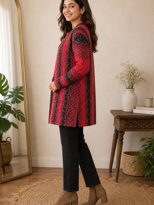 Cozy Red Woven Wool Cardigan Designed for Comfortable Winter Layering - Image 2