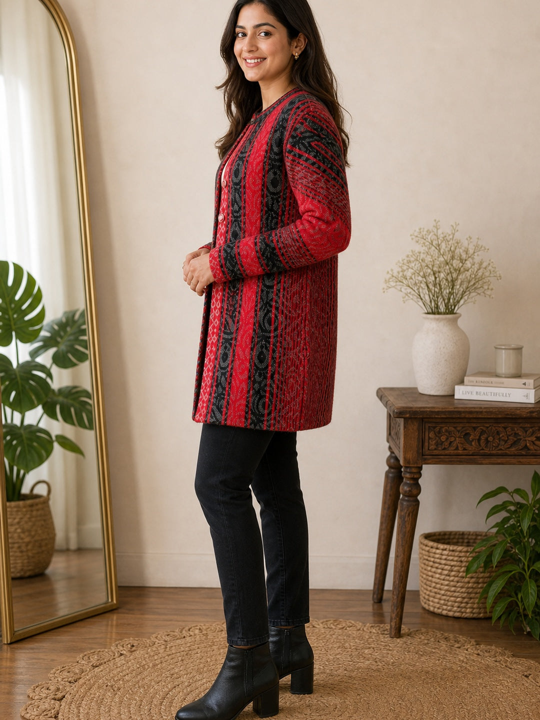 Cozy Red Woven Wool Cardigan Designed for Comfortable Winter Layering - Image 3