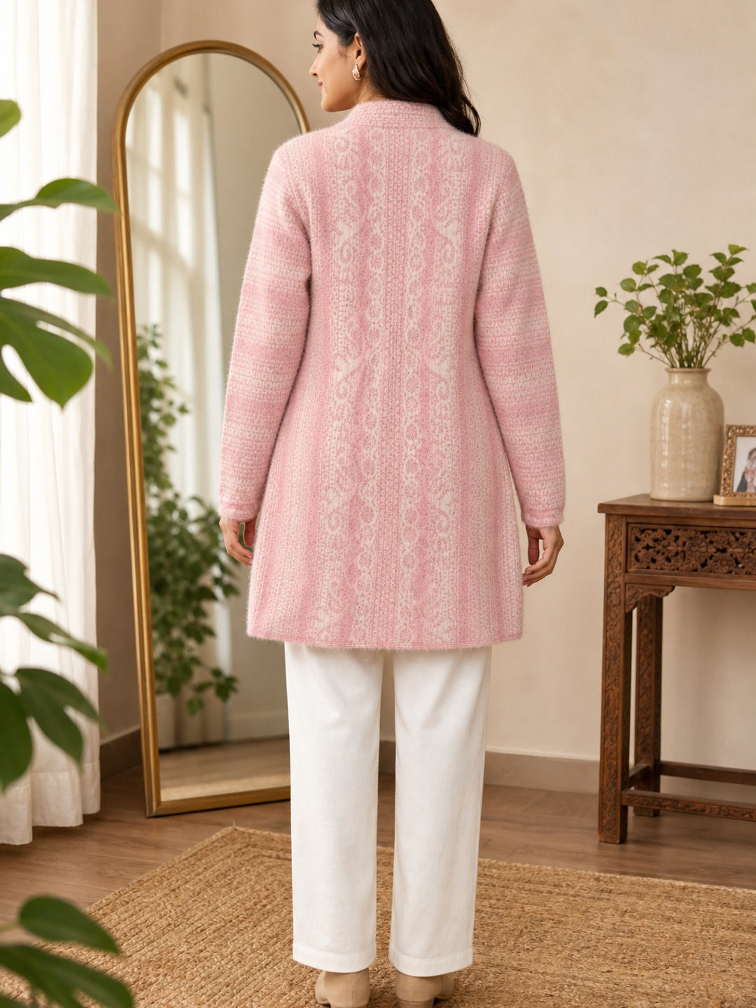 Cozy Baby Pink Woven Wool Cardigan Designed for Comfortable Winter Layering - Image 3