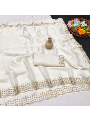 Peachmode Cream Fandy Satin Saree with Scalloped Cutwork Border - Image 2