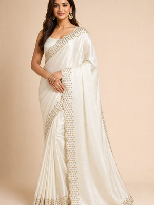 Peachmode Cream Fandy Satin Saree with Scalloped Cutwork Border - Image 1