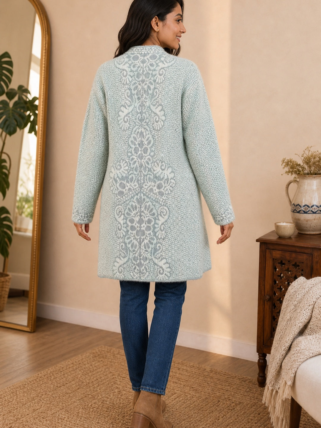 Cozy Mint Green Woven Wool Cardigan Designed for Comfortable Winter Layering - Image 3