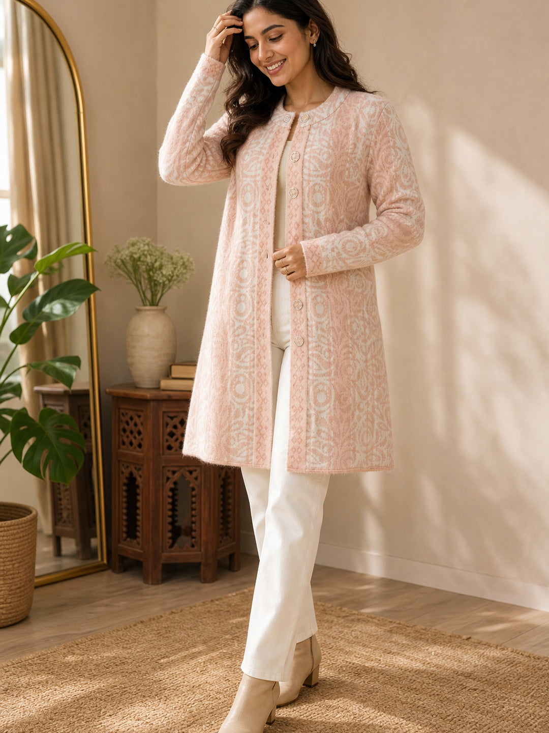Cozy Peach Woven Wool Cardigan Designed for Comfortable Winter Layering - Image 1