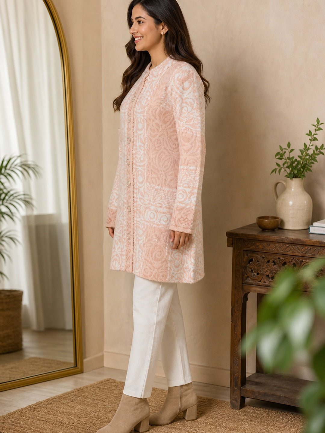 Cozy Peach Woven Wool Cardigan Designed for Comfortable Winter Layering - Image 2
