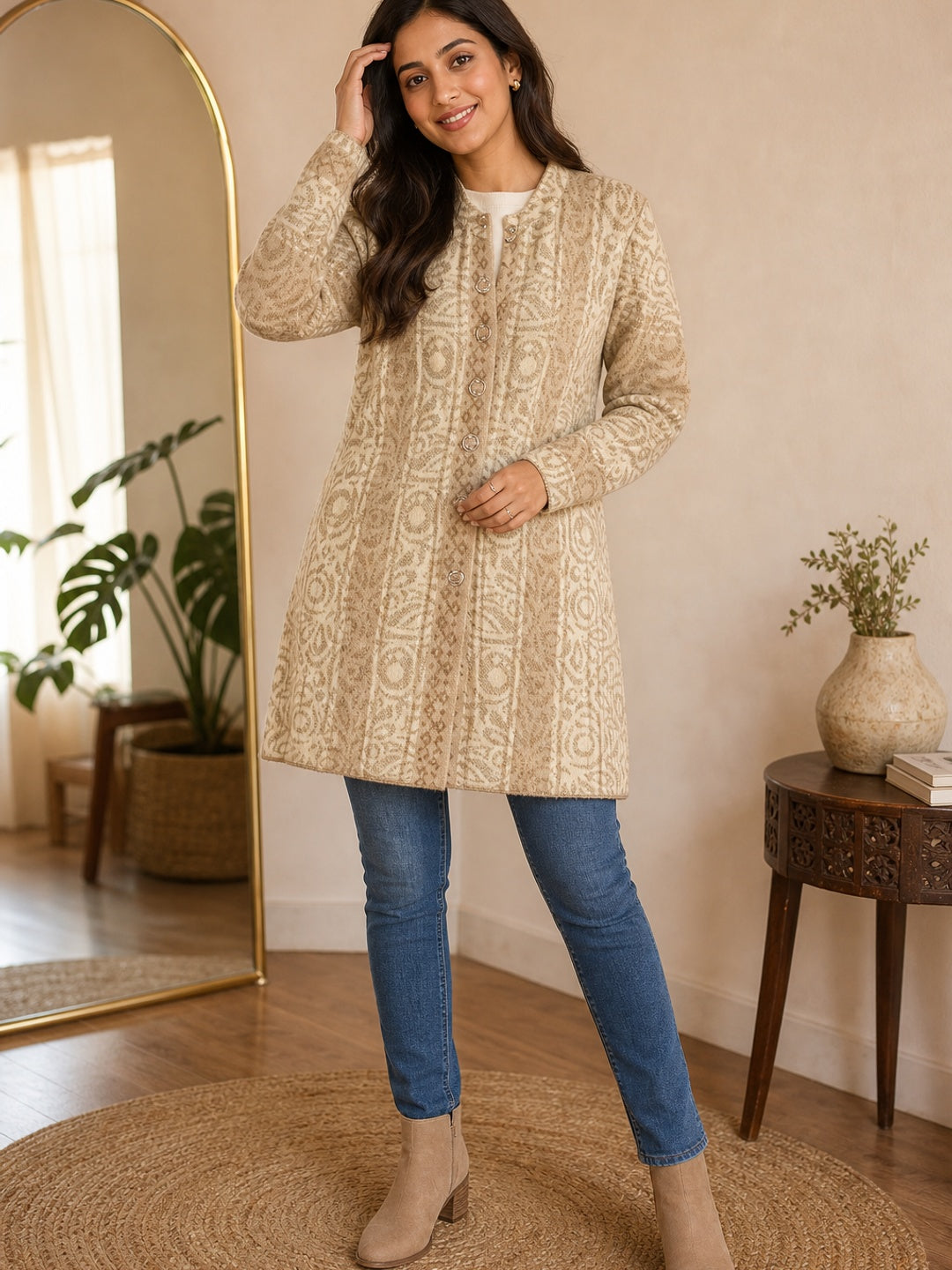 Cozy Light Brown Woven Wool Cardigan Designed for Comfortable Winter Layering - Image 1