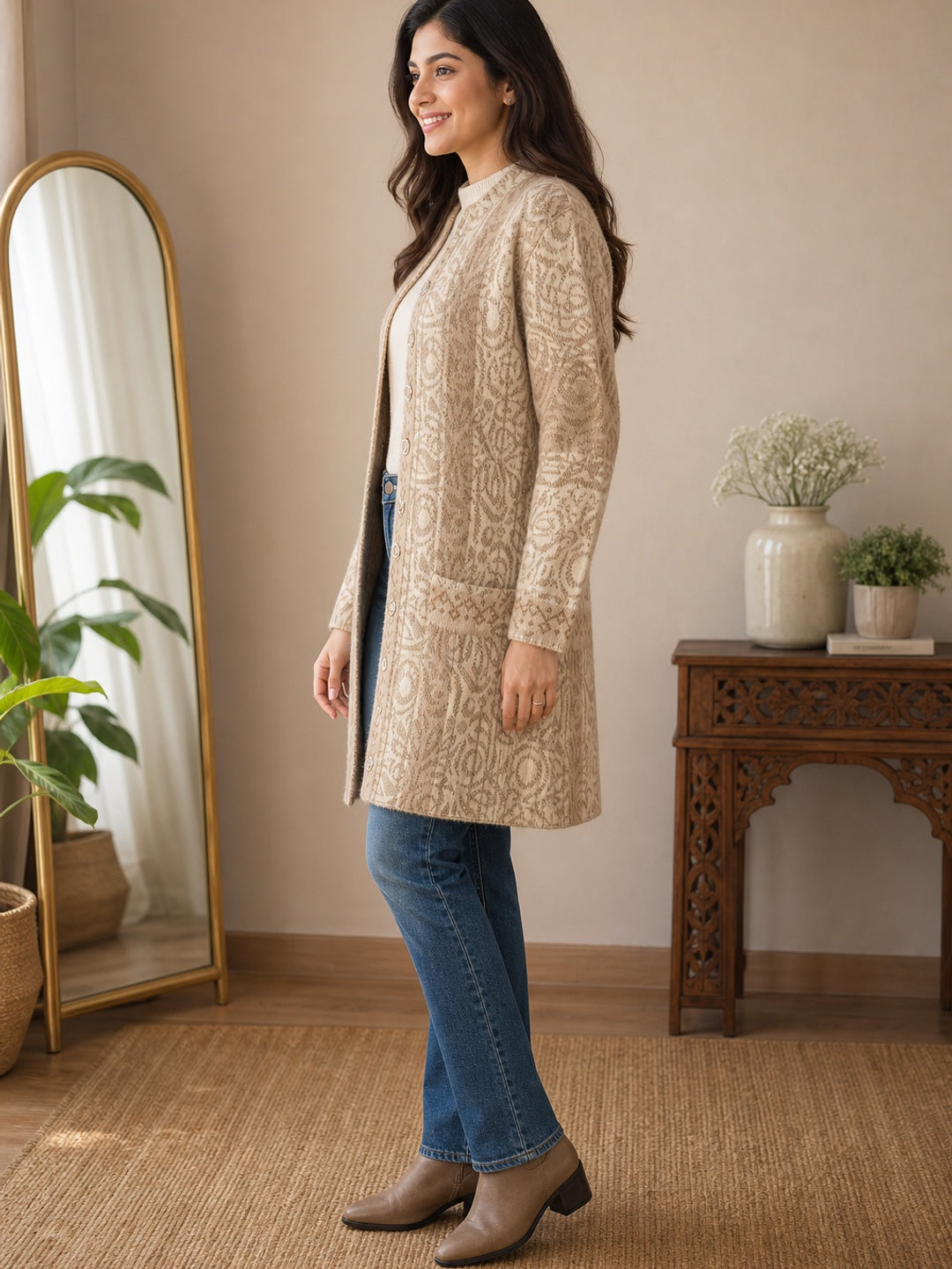 Cozy Light Brown Woven Wool Cardigan Designed for Comfortable Winter Layering - Image 2