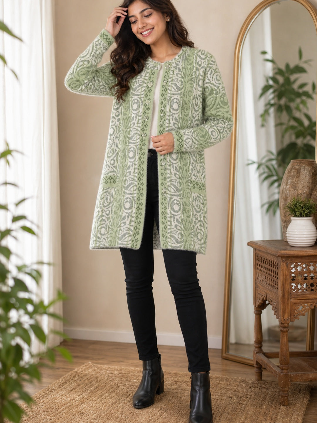 Cozy Green Woven Wool Cardigan Designed for Comfortable Winter Layering - Image 1