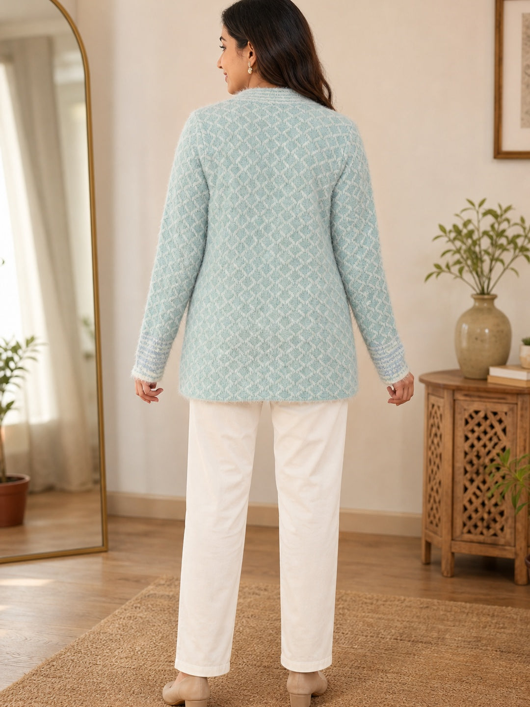 Elegant Sky Blue Woven Woolen Cardigan with Straight Cut Design for Winter Layering - Image 4