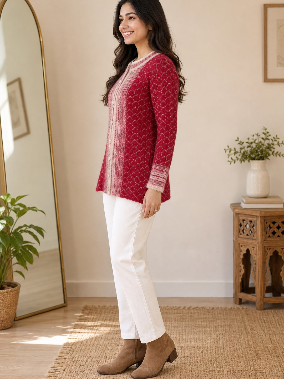 Elegant Red Woven Woolen Cardigan with Straight Cut Design for Winter Layering - Image 2