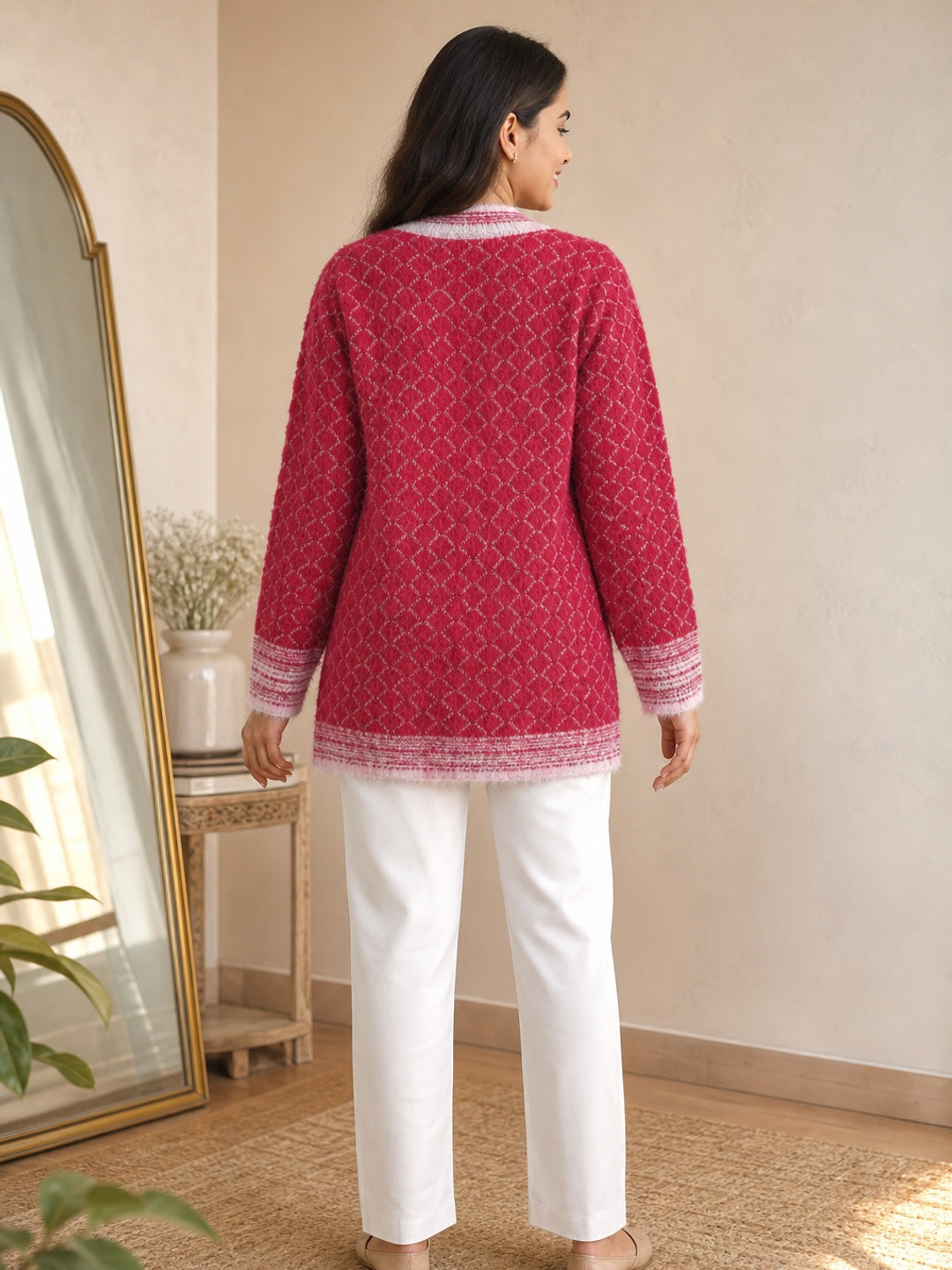 Elegant Red Woven Woolen Cardigan with Straight Cut Design for Winter Layering - Image 4