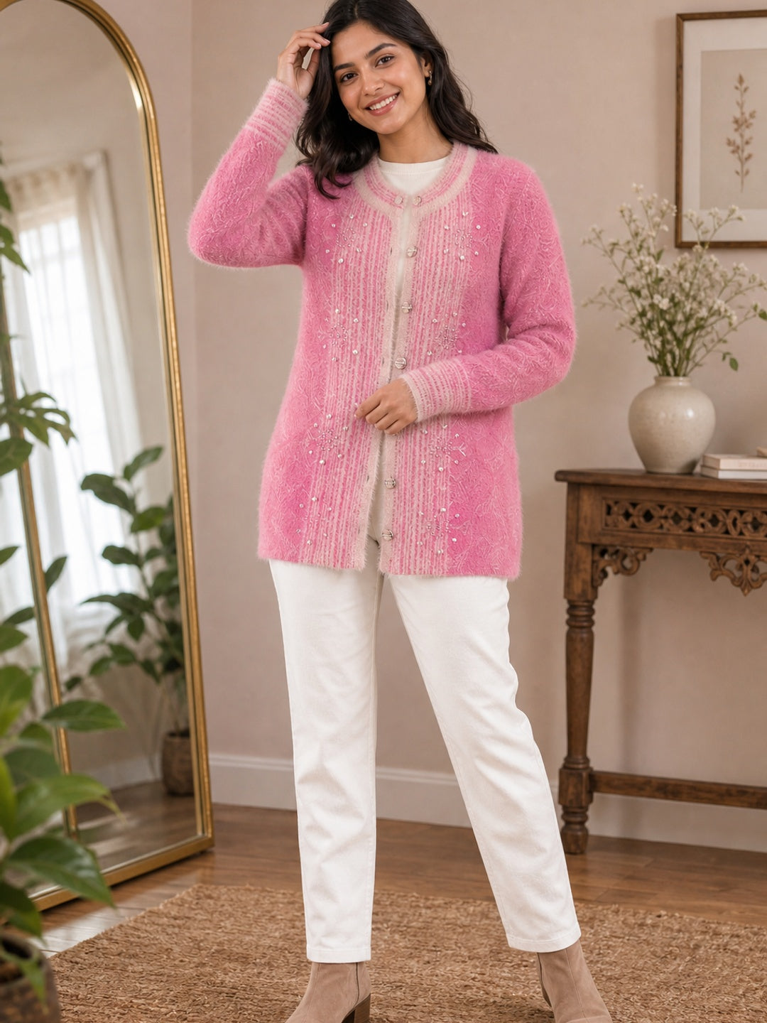 Elegant Dark Pink Woven Woolen Cardigan with Straight Cut Design for Winter Layering - Image 1