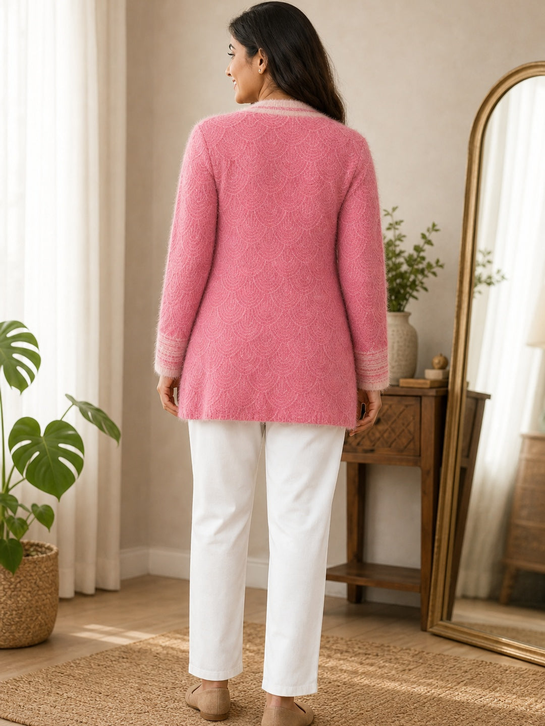 Elegant Dark Pink Woven Woolen Cardigan with Straight Cut Design for Winter Layering - Image 4