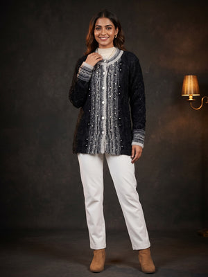 Elegant Black Woven Woolen Cardigan with Straight Cut Design for Winter Layering - Image 1