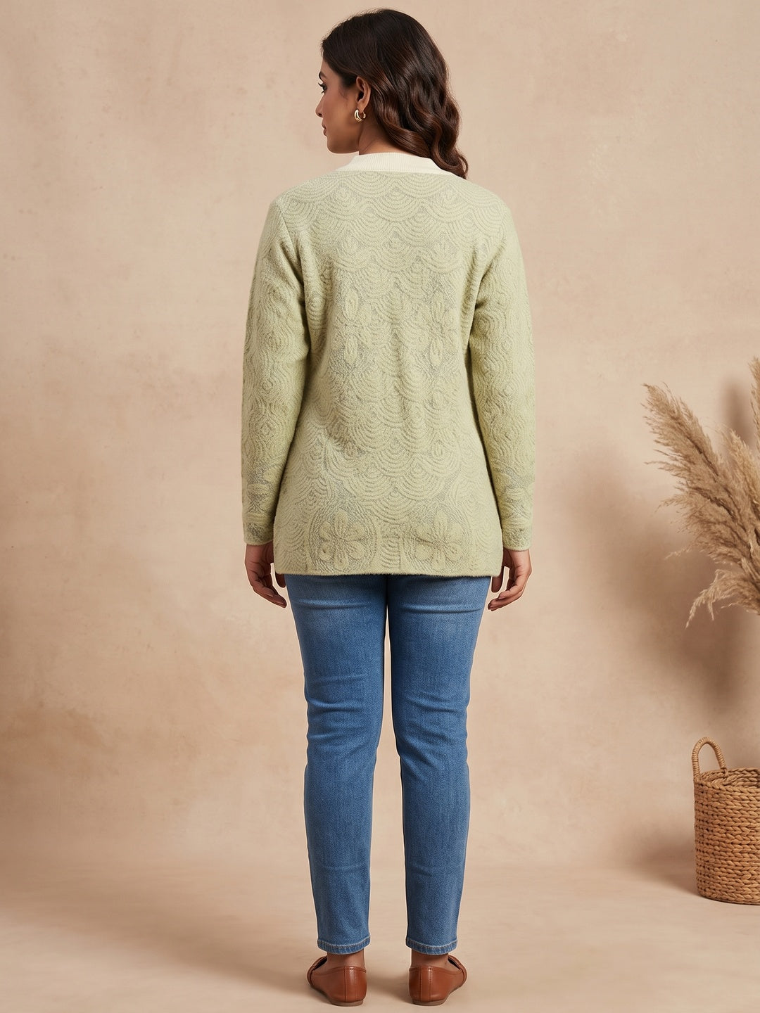 Elegant Pista Green Woven Woolen Cardigan with Straight Cut Design for Winter Layering - Image 4