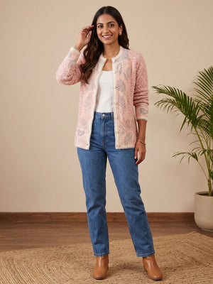 Elegant Pink Woven Woolen Cardigan with Straight Cut Design for Winter Layering - Image 1
