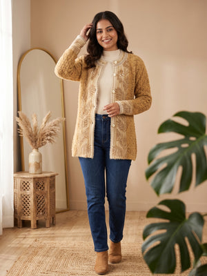 Elegant Mustard Woven Woolen Cardigan with Straight Cut Design for Winter Layering - Image 1