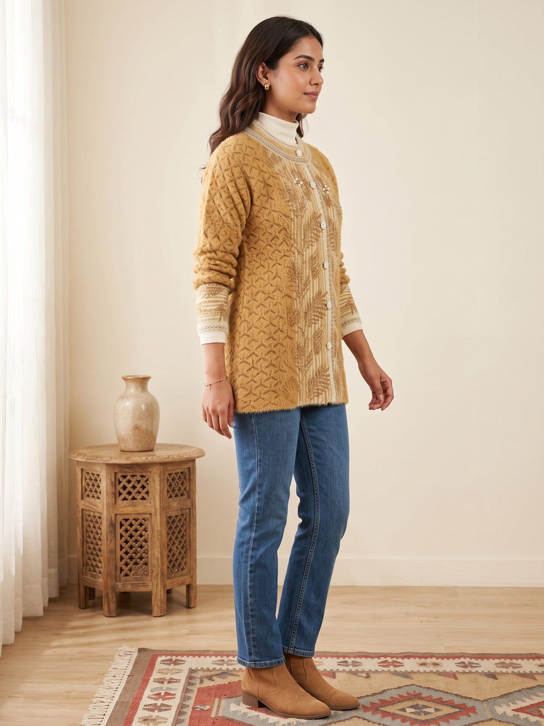 Elegant Mustard Woven Woolen Cardigan with Straight Cut Design for Winter Layering - Image 3