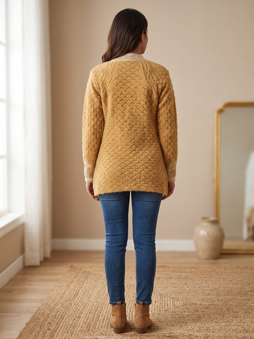 Elegant Mustard Woven Woolen Cardigan with Straight Cut Design for Winter Layering - Image 4