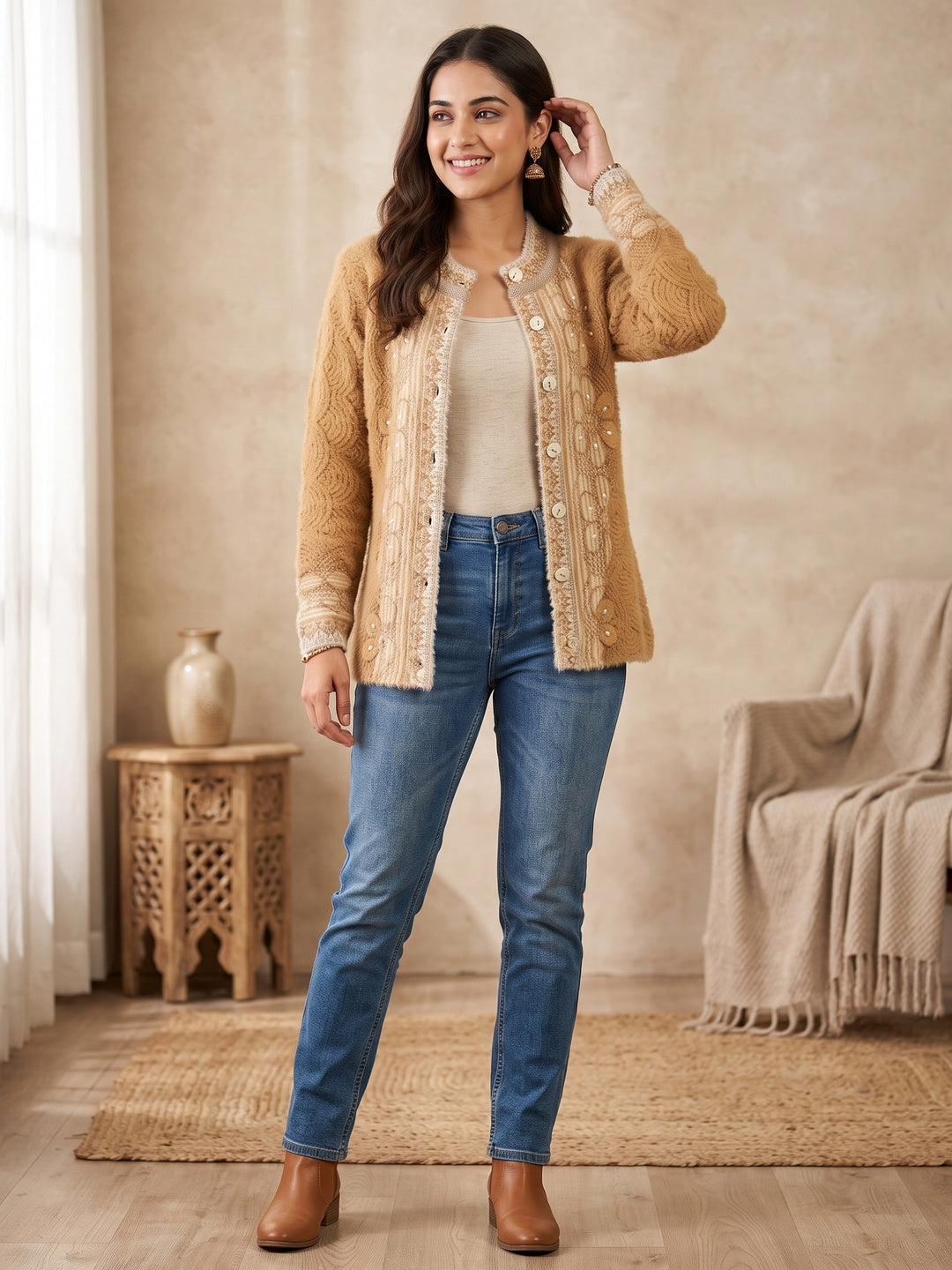 Elegant Brown Woven Woolen Cardigan with Straight Cut Design for Winter Layering - Image 1