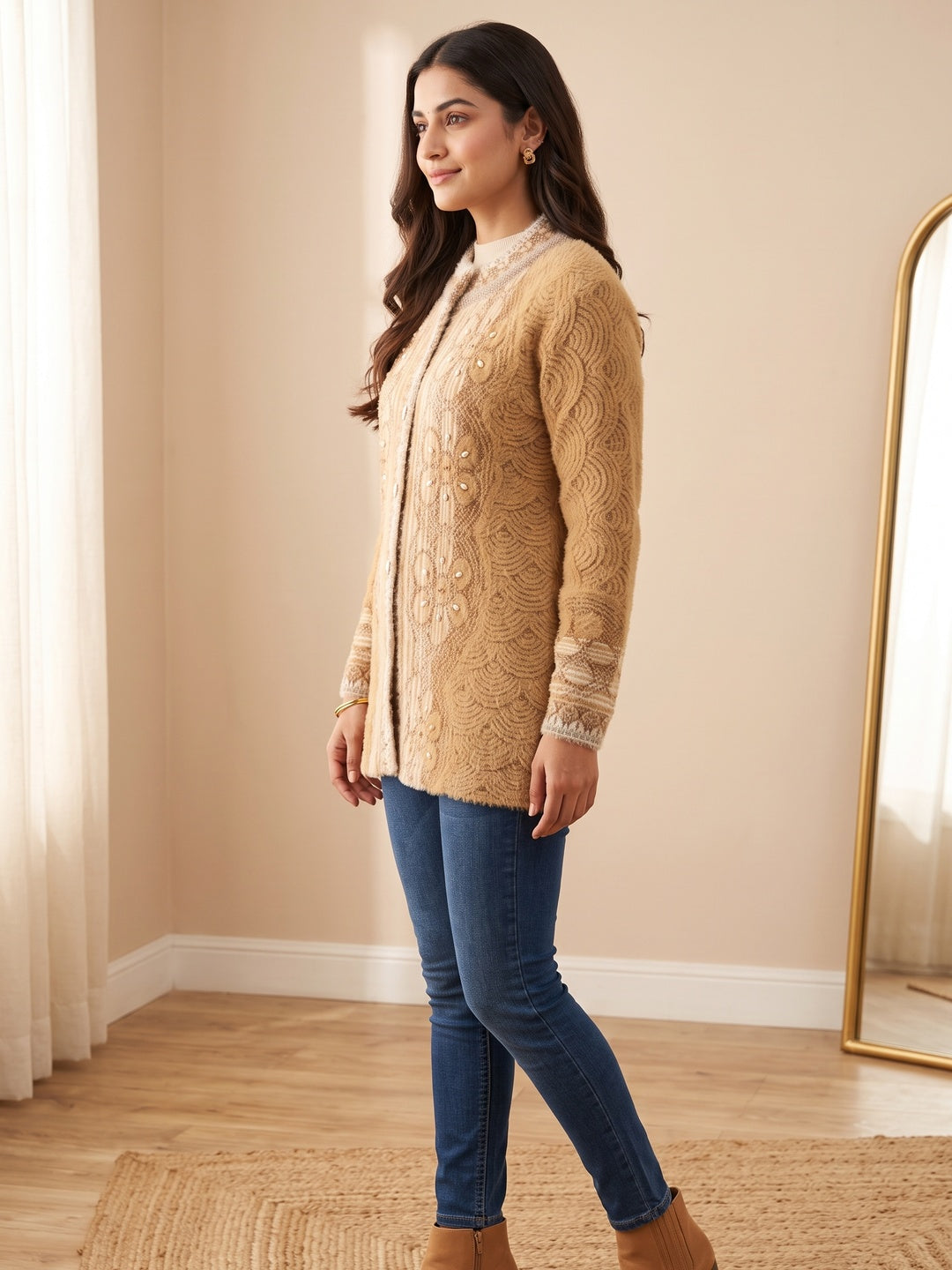 Elegant Brown Woven Woolen Cardigan with Straight Cut Design for Winter Layering - Image 2