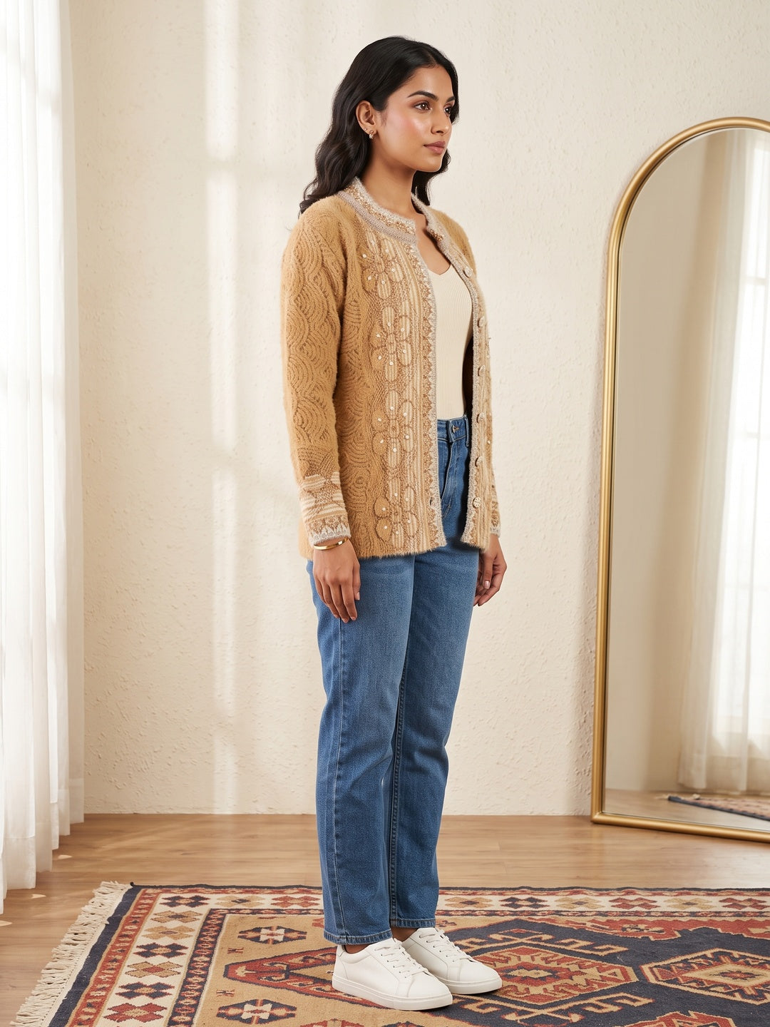 Elegant Brown Woven Woolen Cardigan with Straight Cut Design for Winter Layering - Image 3