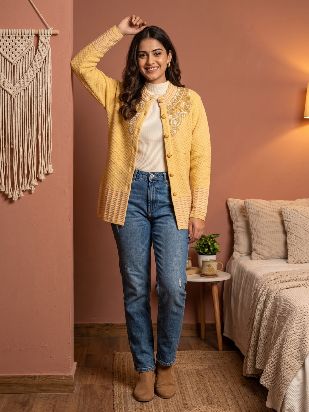 Graceful Yellow Woolen Cardigan with Thread Work Embroidery for a Soft Winter Look - Image 1