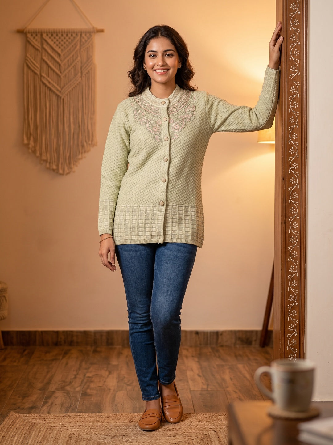 Graceful Pista Green Woolen Cardigan with Thread Work Embroidery for a Soft Winter Look - Image 1