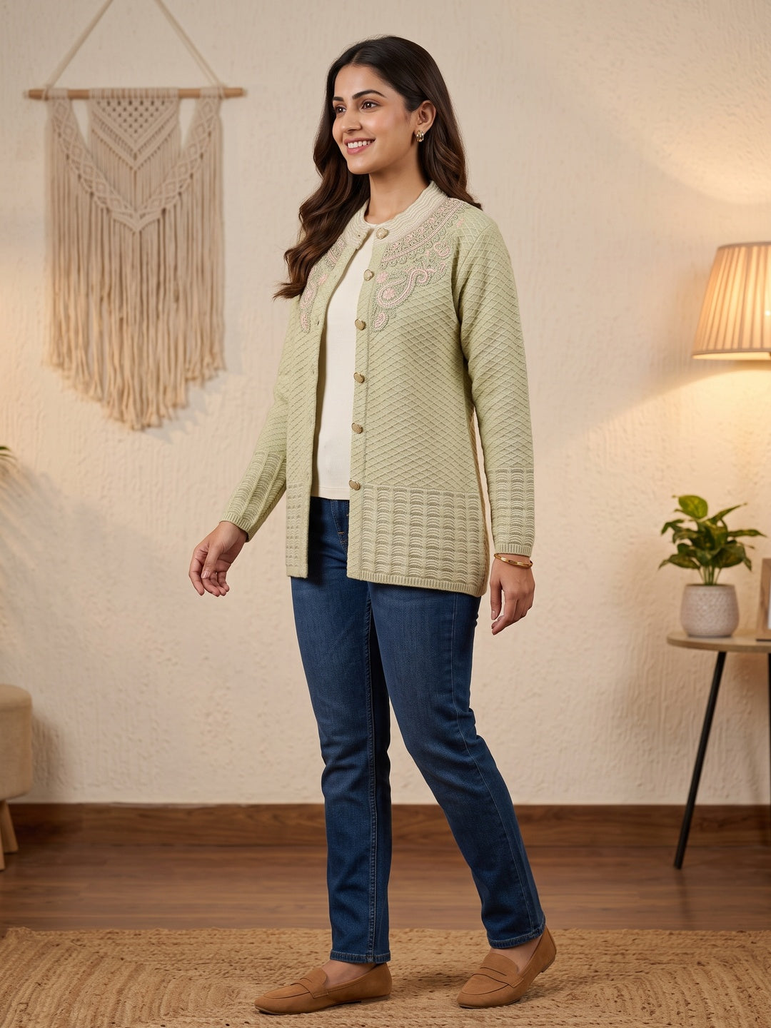 Graceful Pista Green Woolen Cardigan with Thread Work Embroidery for a Soft Winter Look - Image 2