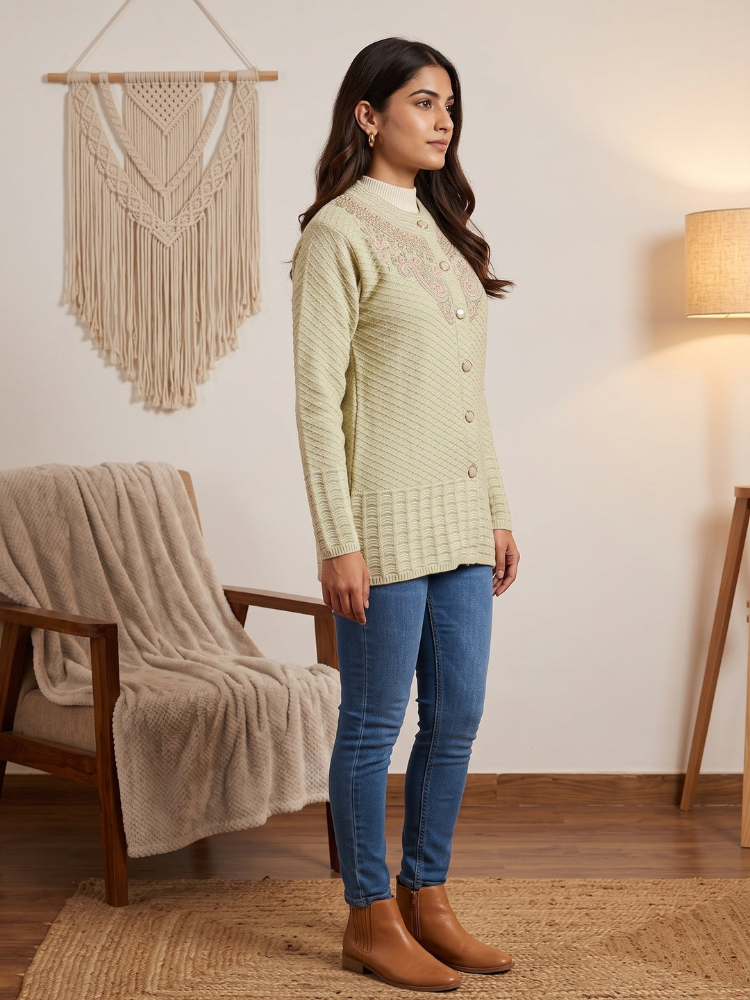 Graceful Pista Green Woolen Cardigan with Thread Work Embroidery for a Soft Winter Look - Image 3