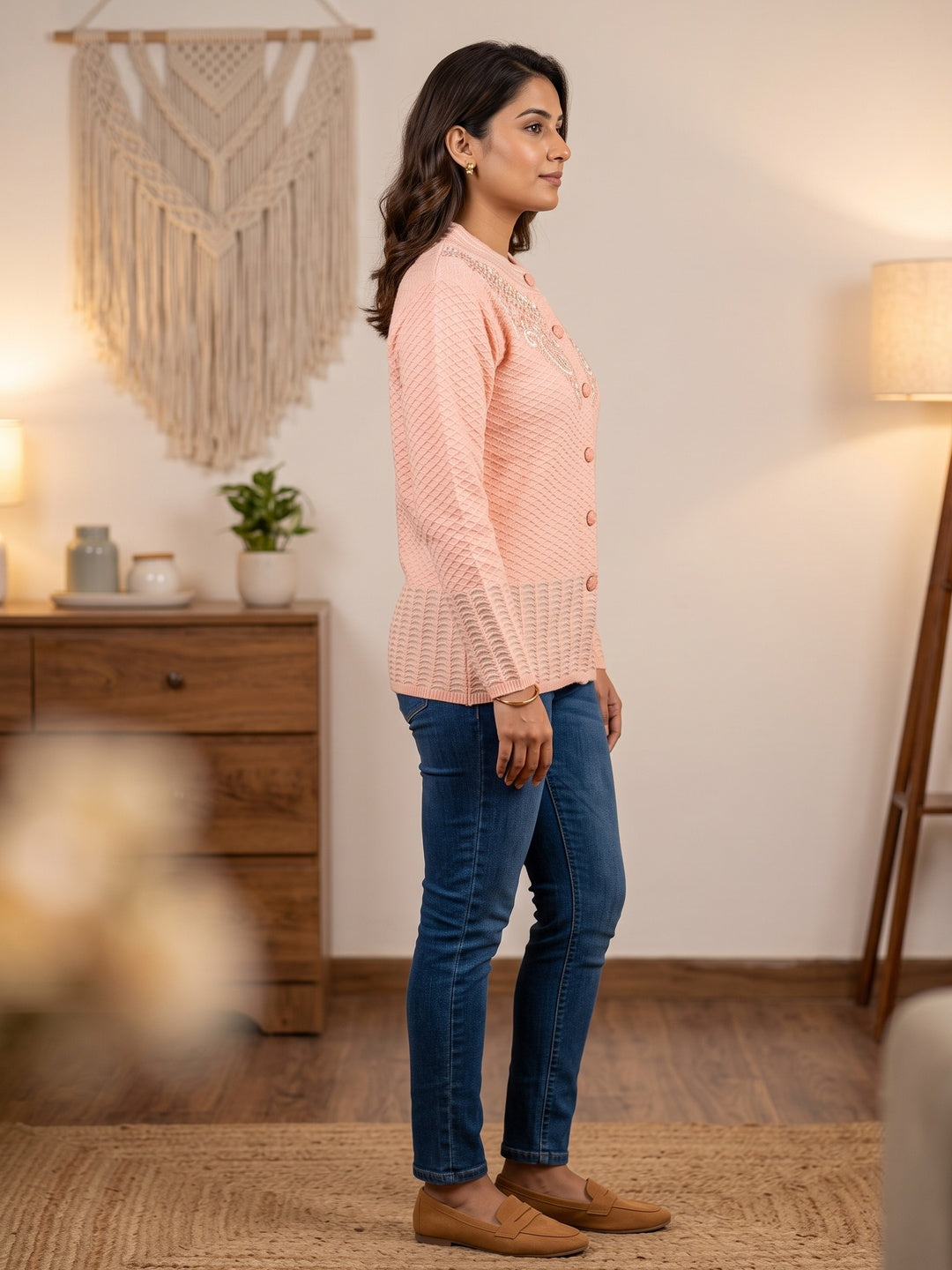 Graceful Peach Woolen Cardigan with Thread Work Embroidery for a Soft Winter Look - Image 2