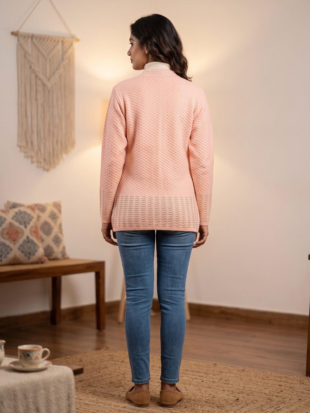 Graceful Peach Woolen Cardigan with Thread Work Embroidery for a Soft Winter Look - Image 3