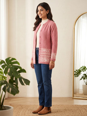 Dusty Pink Cozy Woven Wool Cardigan Designed For Comfortable Winter Layering - Image 2