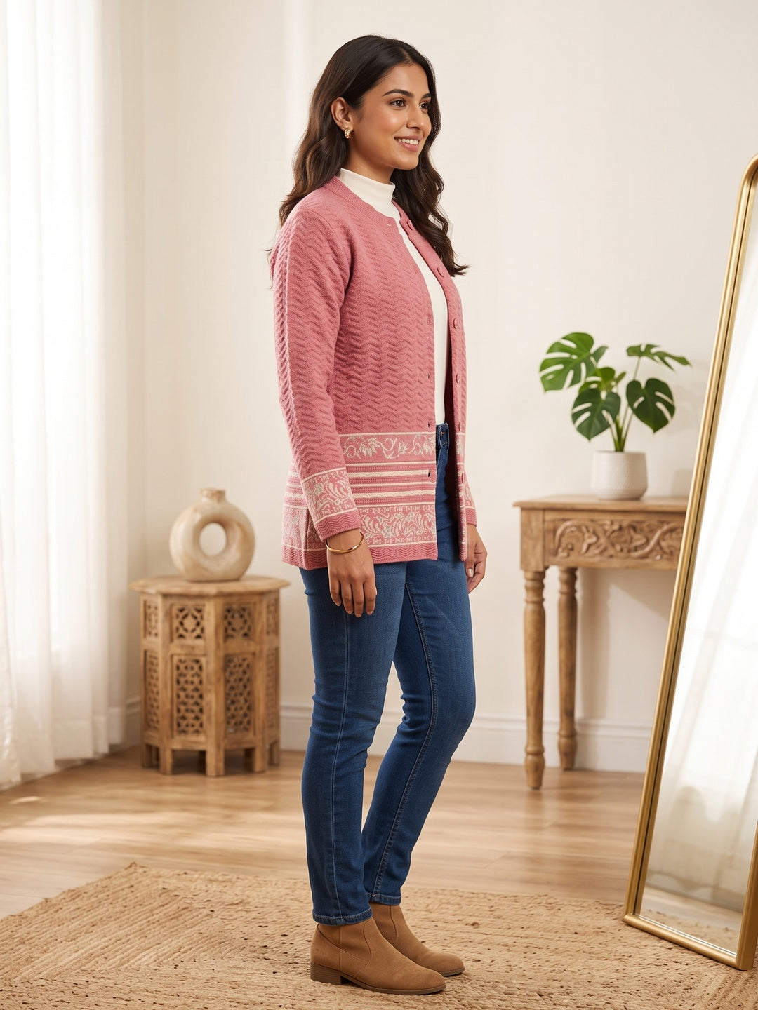 Dusty Pink Cozy Woven Wool Cardigan Designed For Comfortable Winter Layering - Image 3