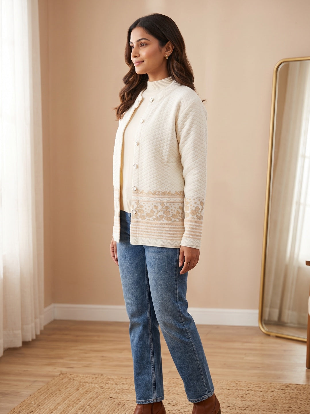 Off White Cozy Woven Wool Cardigan Designed For Comfortable Winter Layering - Image 3