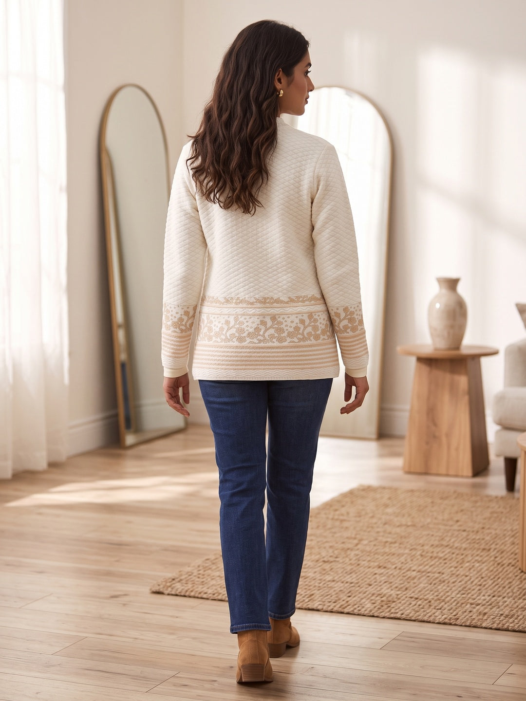 Off White Cozy Woven Wool Cardigan Designed For Comfortable Winter Layering - Image 4