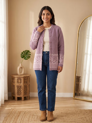 Lavender Cozy Woven Wool Cardigan Designed For Comfortable Winter Layering - Image 1