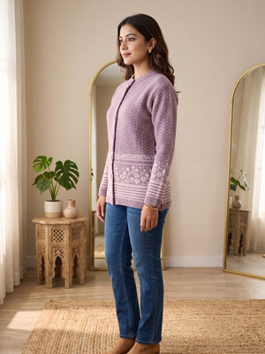 Lavender Cozy Woven Wool Cardigan Designed For Comfortable Winter Layering - Image 2