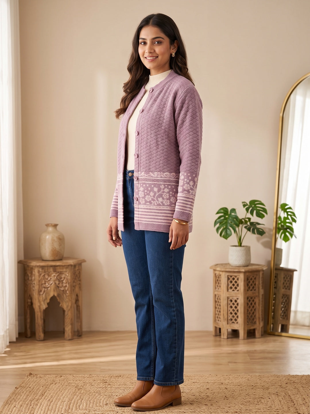 Lavender Cozy Woven Wool Cardigan Designed For Comfortable Winter Layering - Image 3