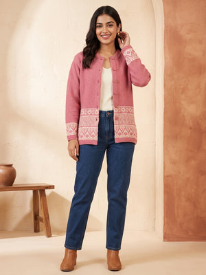 Pink Cozy Woven Wool Cardigan Designed For Comfortable Winter Layering - Image 1
