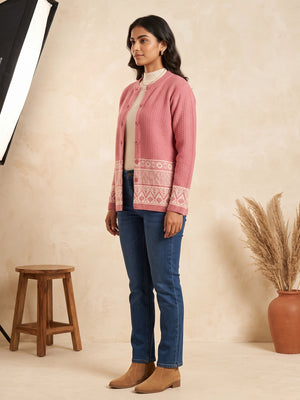Pink Cozy Woven Wool Cardigan Designed For Comfortable Winter Layering - Image 2