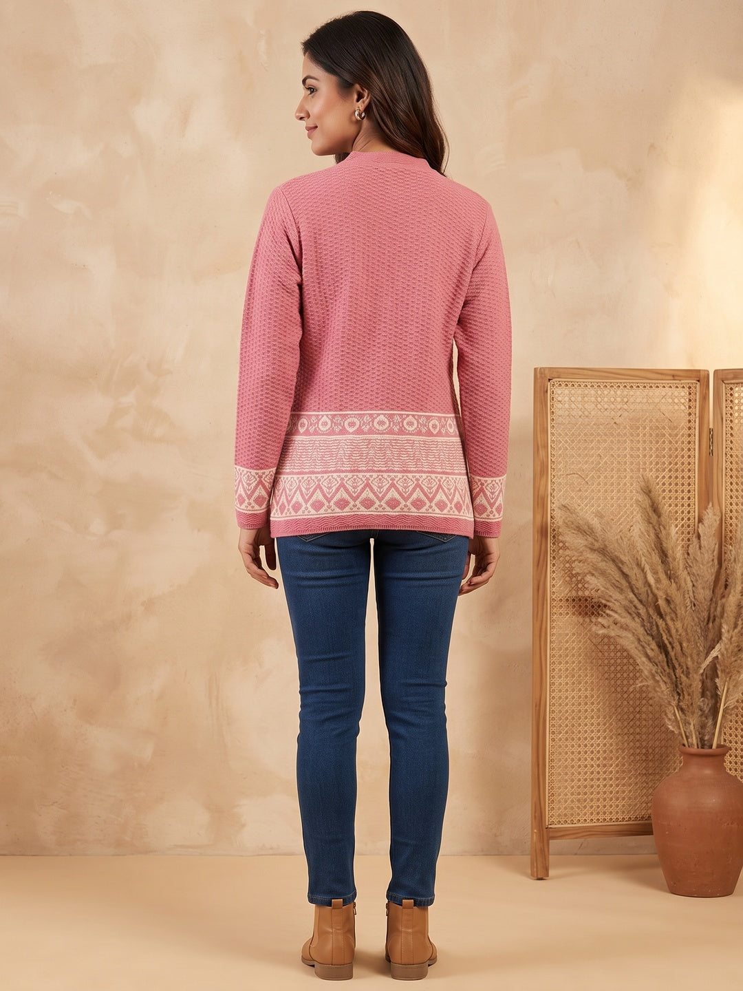 Pink Cozy Woven Wool Cardigan Designed For Comfortable Winter Layering - Image 4