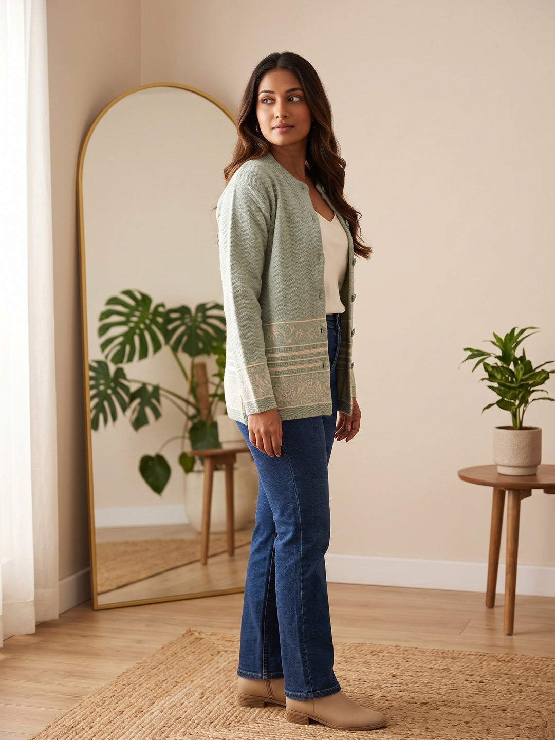 Pista Green Cozy Woven Wool Cardigan Designed For Comfortable Winter Layering - Image 3