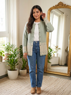 Pista Green Woven Wool Cardigan Designed For Comfortable Winter Layering - Image 1