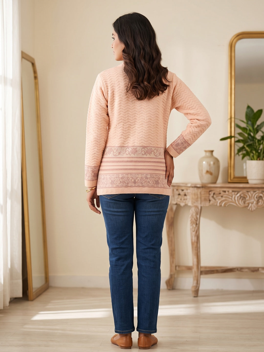 Peach Comfort Woven Wool Cardigan Designed For Comfortable Winter Layering - Image 4