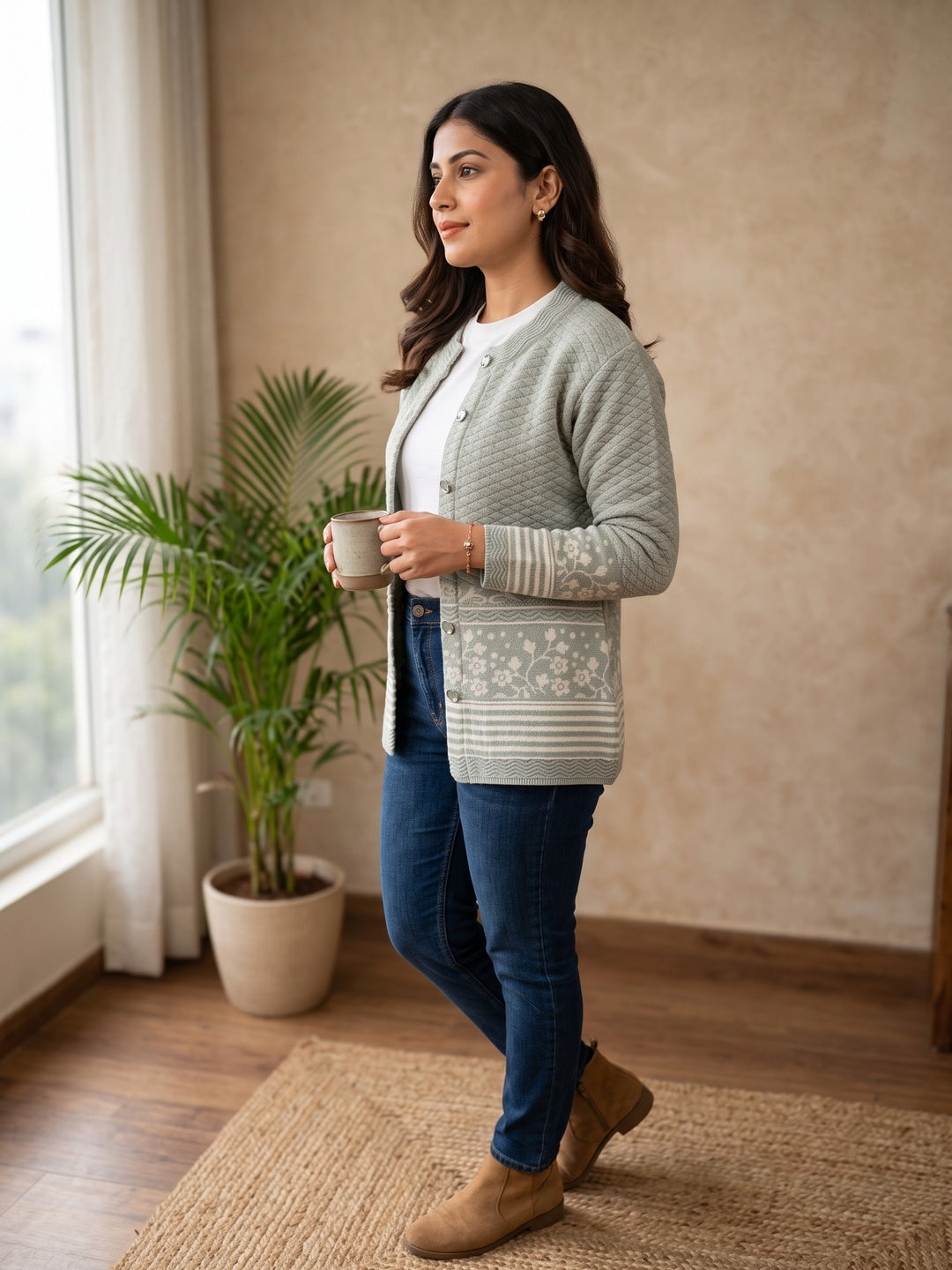 Grey Cozy Woven Wool Cardigan Designed For Comfortable Winter Layering - Image 2