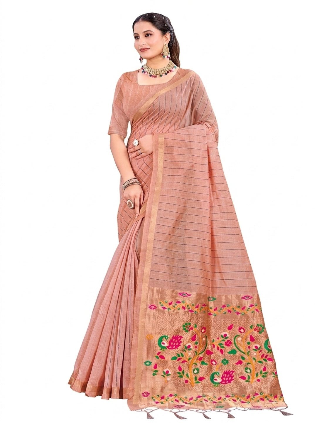 Peachmode Pink Cotton Blend Varnika Cotton Saree - Image 5