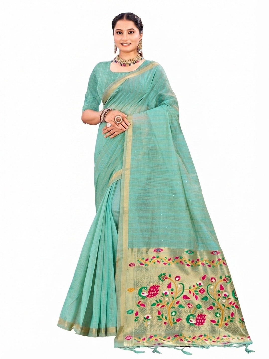 Peachmode Green Cotton Blend Varnika Cotton Saree - Image 5
