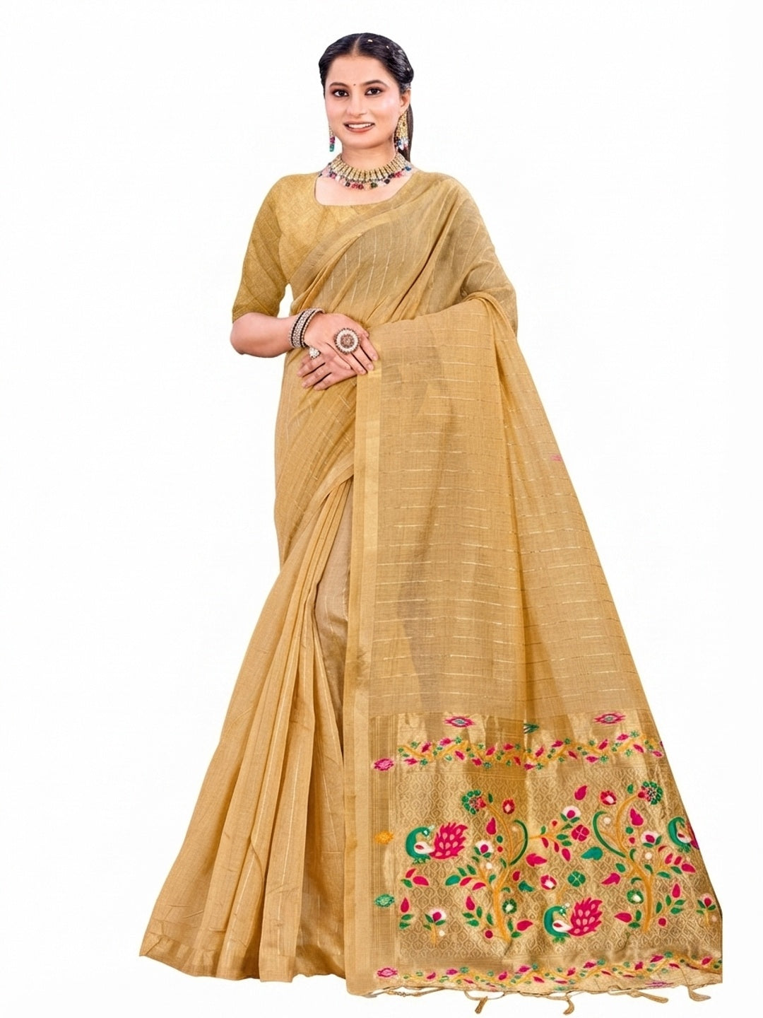 Peachmode Beige Cotton Blend Varnika Cotton Saree - Image 5
